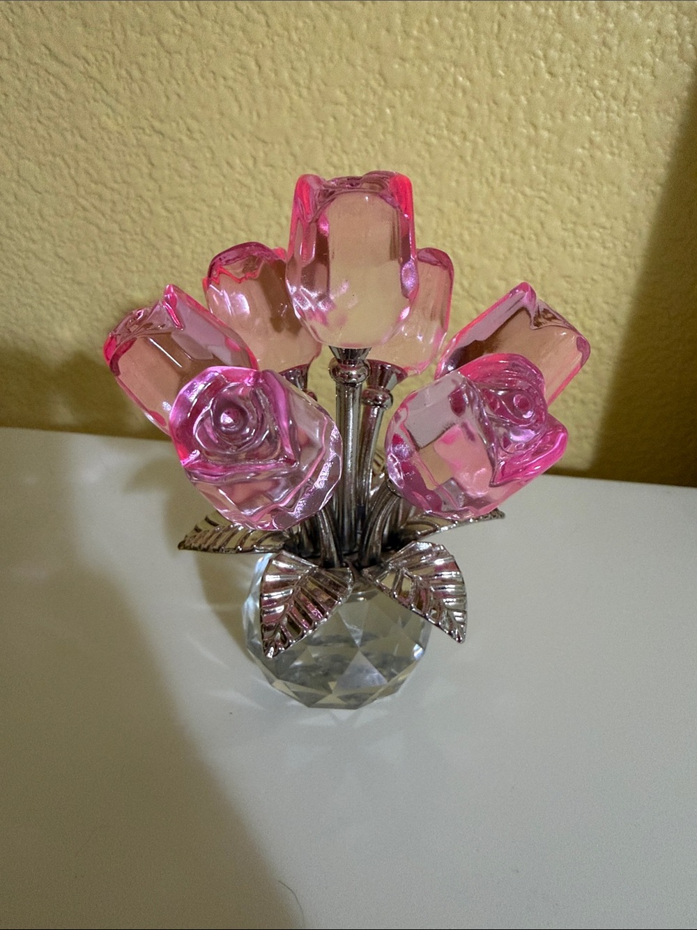 Pink Crystal Rose Bouquet Decorative Accent
